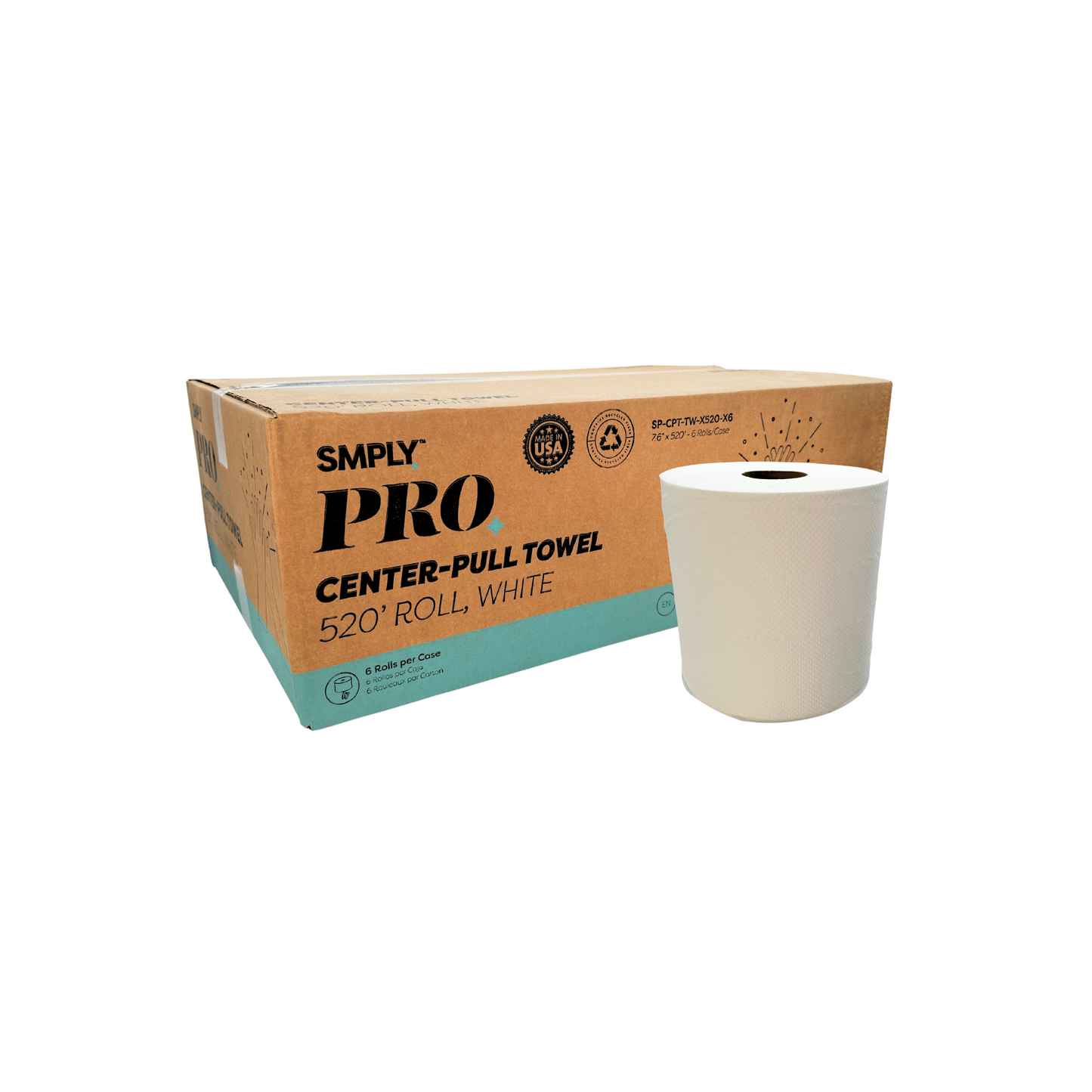 SMPLY PRO Center-Pull Towels, 6-Roll Case, 520′ per Roll, 2-Ply White Disposable, Fits Universal Center-Pull Dispensers—Bulk Commercial Paper Towels for Bathrooms, Kitchens & Workplaces