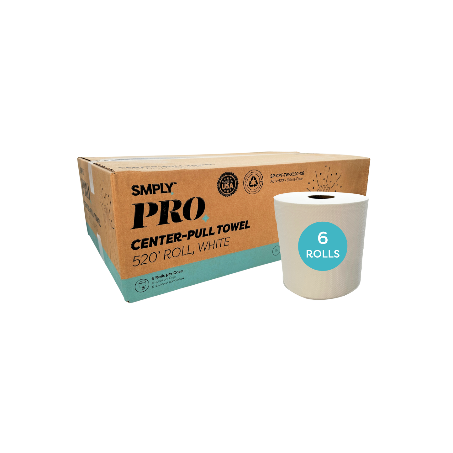 SMPLY PRO Center-Pull Towels, 6-Roll Case, 520′ per Roll, 2-Ply White Disposable, Fits Universal Center-Pull Dispensers—Bulk Commercial Paper Towels for Bathrooms, Kitchens & Workplaces