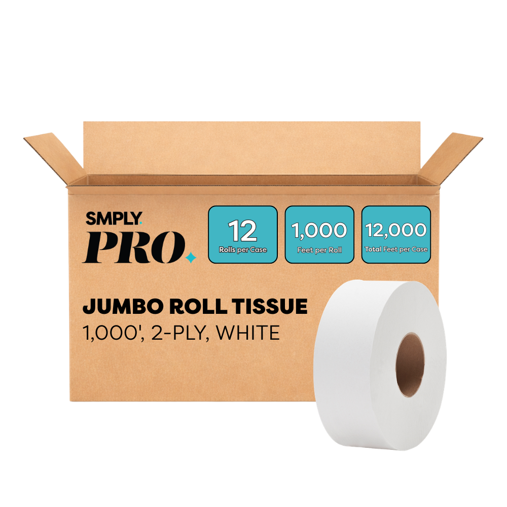 PRO Septic Safe Jumbo Roll Tissue – 1,000' Rolls, 12-Roll Case – 2-Ply Bulk Toilet Paper for Commercial Restrooms – Fits Universal Dispensers – High-Capacity & Cost-Effective