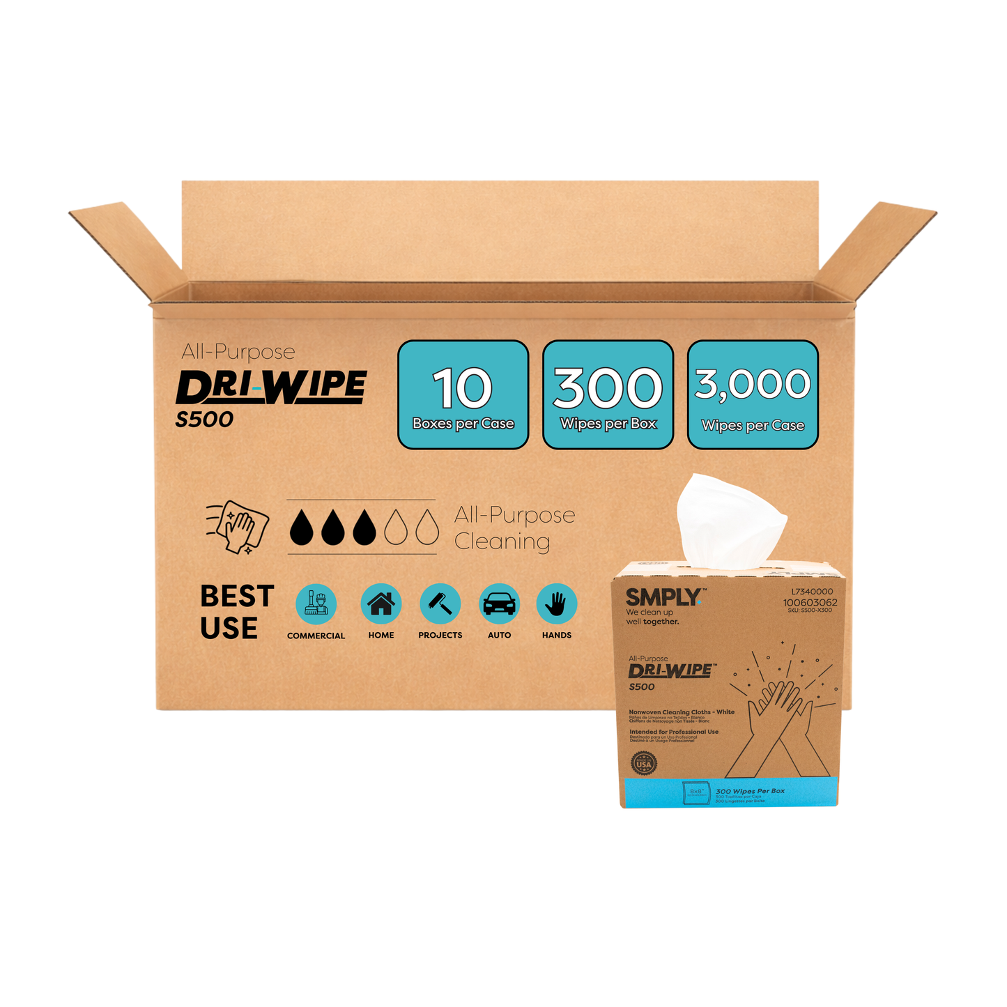 Dri-Wipe S500 Economy Box by SMPLY Brands – Disposable Cleaning Wipes, Strong Alternative to Shop Towels & Paper Towels (300 Count, 10-Box Case)