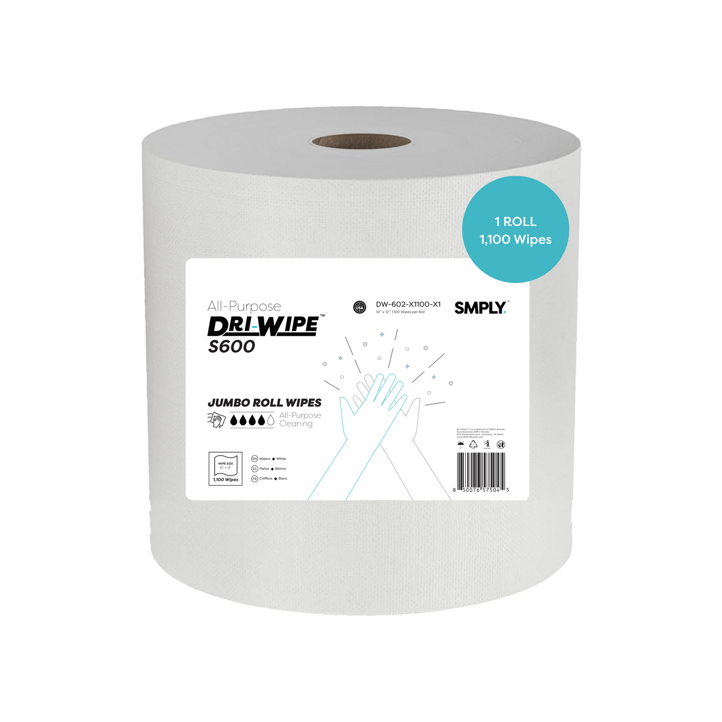 Dri-Wipe S600 Jumbo Roll by SMPLY Brands – All-Purpose Disposable Wipes, 1,100 Wipes, Strong Alternative to Shop Towels & Paper Towels, 10" x 12"