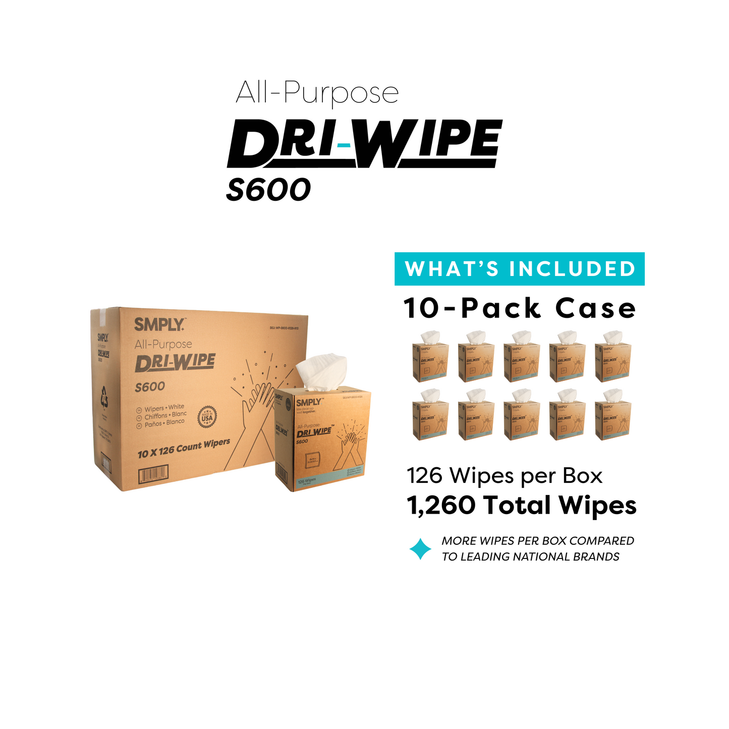 Dri-Wipe S600 by SMPLY Brands – All-Purpose Disposable Wipes, 10 Boxes of 126 (1,260 Total), Strong Alternative to Shop Towels & Paper Towels, 8" x 14" Center-Pull Sheets