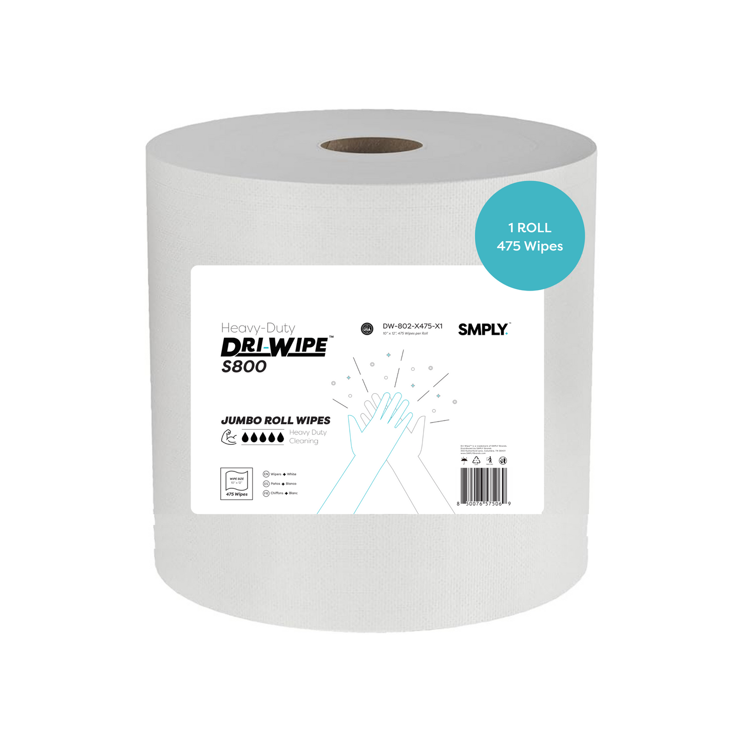 Dri-Wipe S800 Jumbo Roll by SMPLY Brands – 475 Count Heavy-Duty Wipes, 10" x 12" – Strong Alternative to Paper Towels, Shop Towels, Rags, Microfiber Cleaning Cloths, and Magic Cleaning Cloths