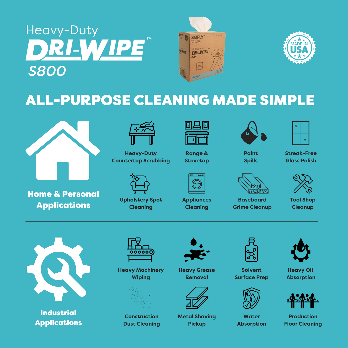 Dri-Wipe S800 by SMPLY Brands – 80 Count, 5-Box Case Heavy-Duty Wipes, 8" x 14" – Strong Alternative to Paper Towels, Shop Towels, Rags, Microfiber Cleaning Cloths, and Magic Cleaning Cloths
