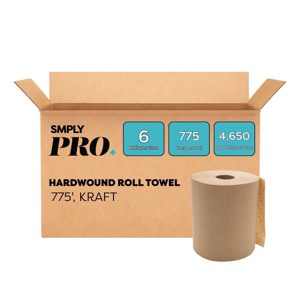 SMPLY PRO Kraft Hardwound Roll Towels – 775' Length, 12-Roll Case – Universal 1.5" Core Fits Most Commercial Dispensers – For High-Traffic Restrooms, Kitchens, and Facilities