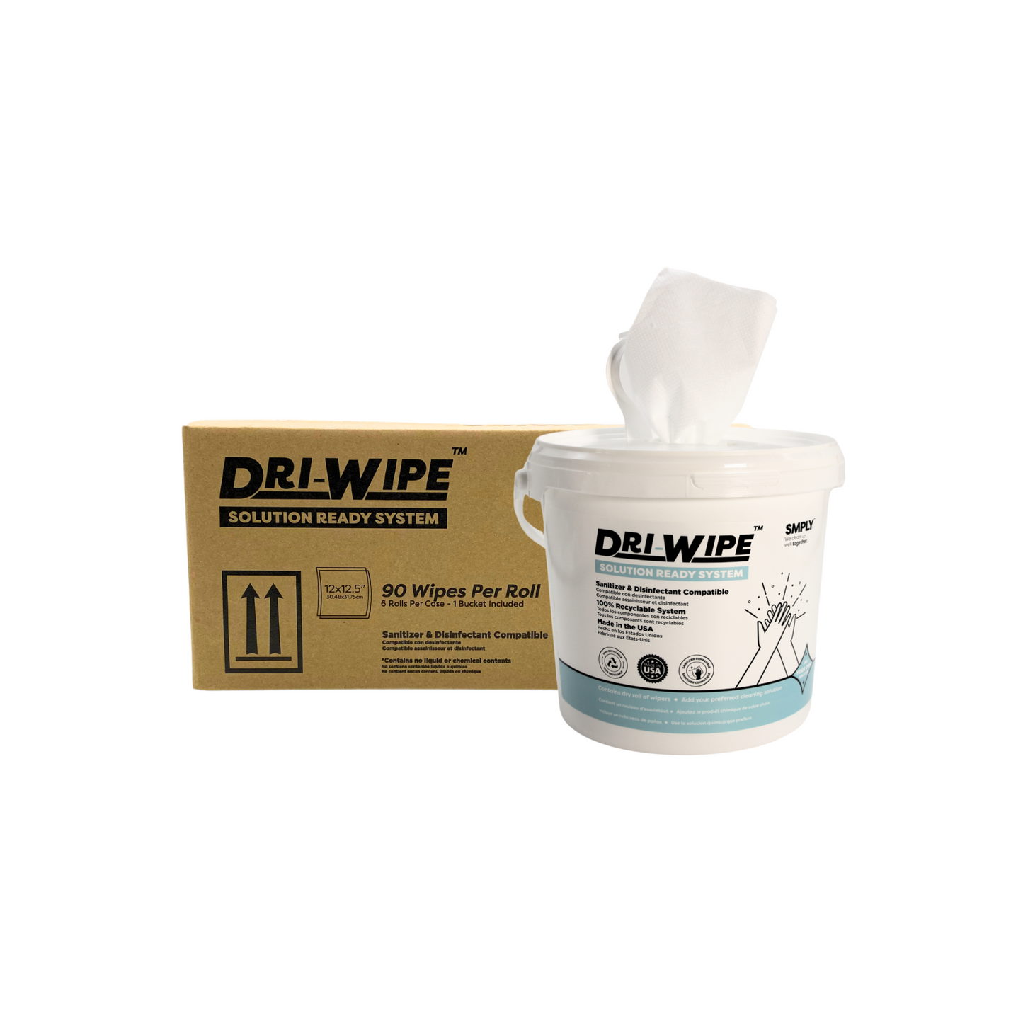 Dri-Wipe Solution Ready System – Dry Wipes with Refillable Bucket for Bleach, Sanitizers & Disinfectants – 6 Rolls (90/roll, 540 Total) – Disposable Wipes for Cleaning & Sanitizing
