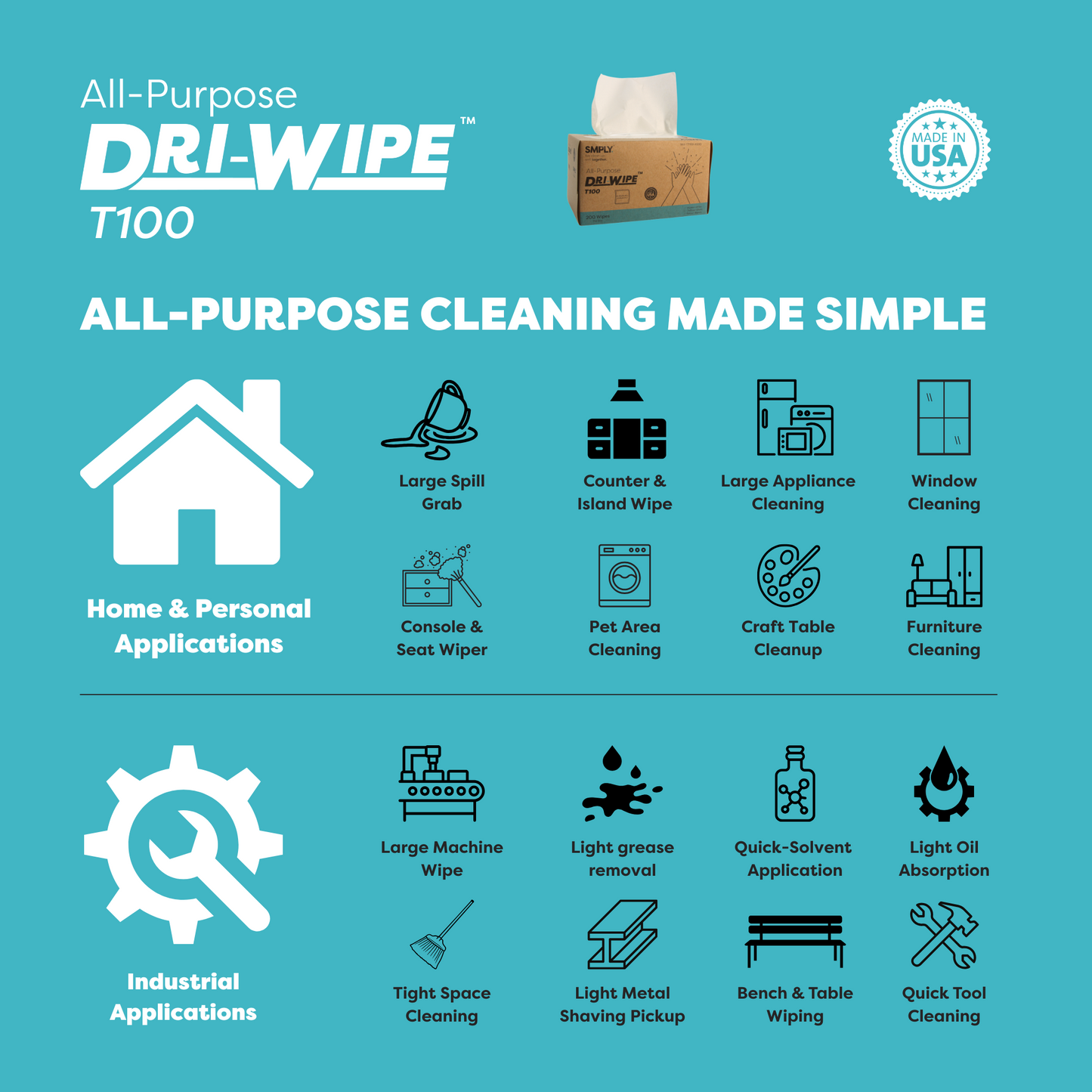 Dri-Wipe™ T100 All-Purpose Center-Pull Wipes – 24 Boxes of 200 (4,800 Total) – Disposable Cleaning Wipes, a Smarter Alternative to Paper Towels for Janitorial, Retail & Foodservice Use
