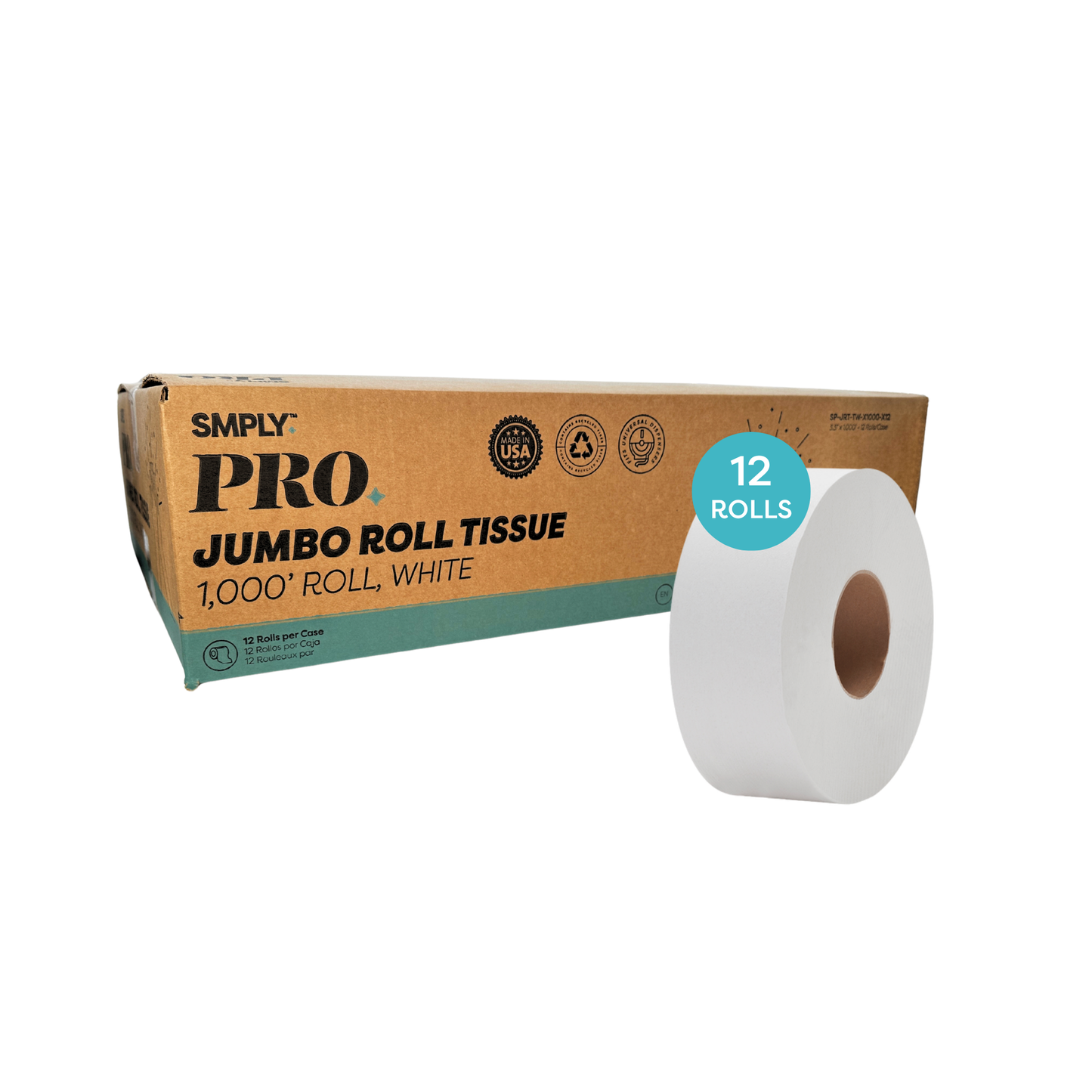 PRO Jumbo Roll Tissue – 1,000' Rolls, 12-Roll Case (12,000' Total) – 2-Ply Bulk Toilet Paper for Commercial Restrooms – Fits Universal Dispensers – High-Capacity & Cost-Effective