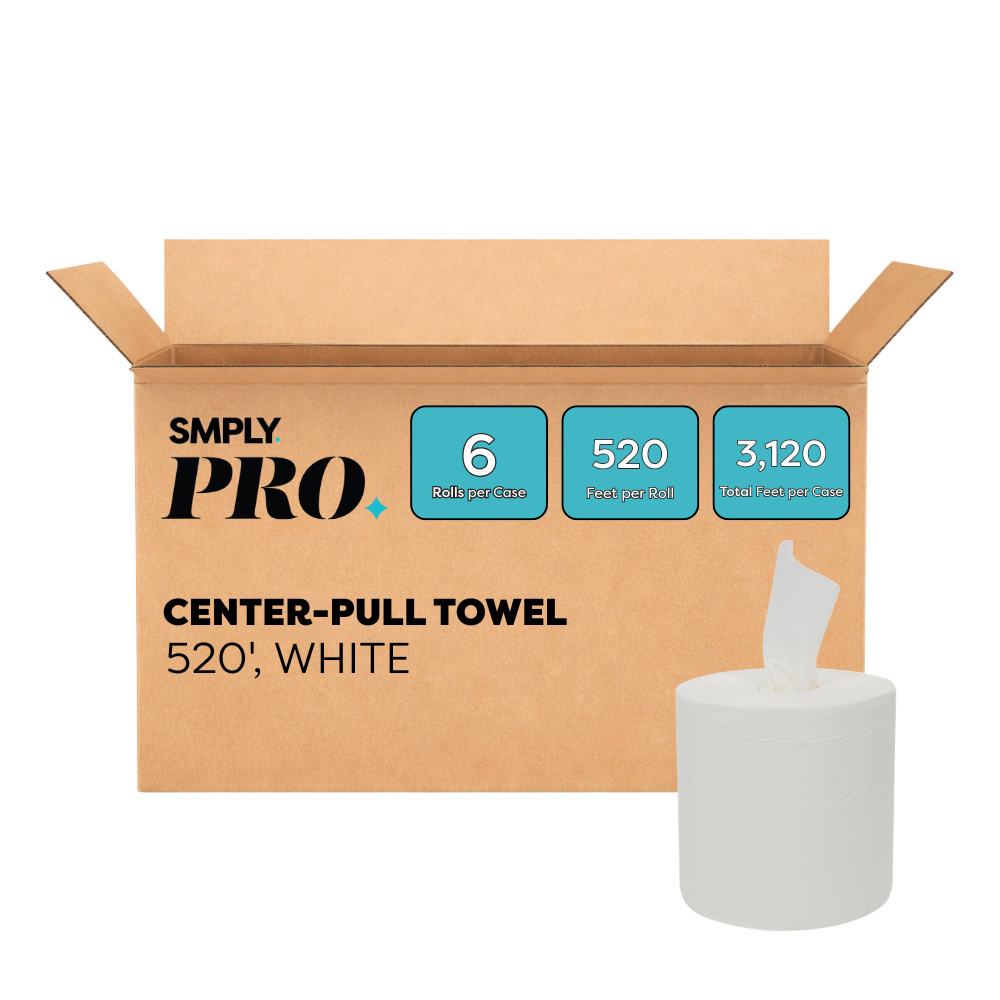 SMPLY PRO Center-Pull Towels, 6-Roll Case, 520′ per Roll, 2-Ply White Disposable, Fits Universal Center-Pull Dispensers—Bulk Commercial Paper Towels for Bathrooms, Kitchens & Workplaces