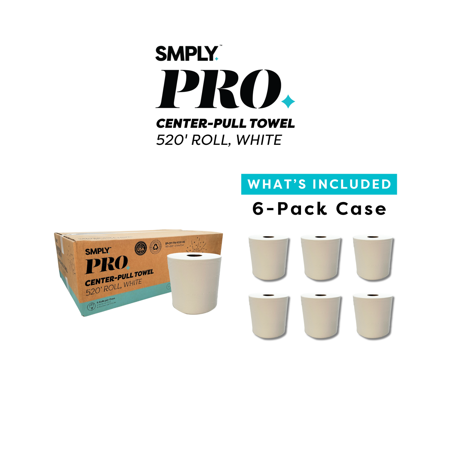 SMPLY PRO Center-Pull Towels, 6-Roll Case, 520′ per Roll, 2-Ply White Disposable, Fits Universal Center-Pull Dispensers—Bulk Commercial Paper Towels for Bathrooms, Kitchens & Workplaces