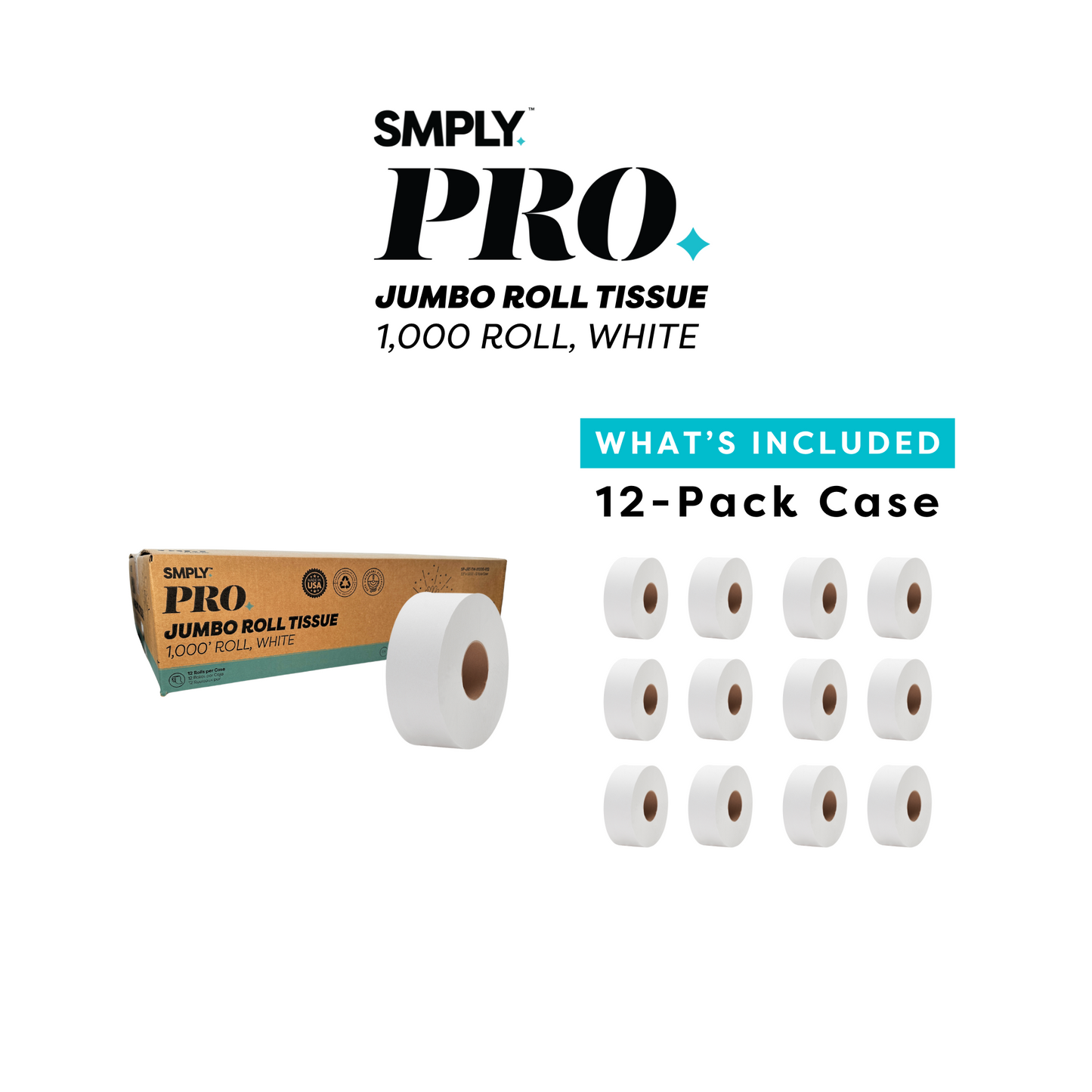 PRO Jumbo Roll Tissue – 1,000' Rolls, 12-Roll Case (12,000' Total) – 2-Ply Bulk Toilet Paper for Commercial Restrooms – Fits Universal Dispensers – High-Capacity & Cost-Effective