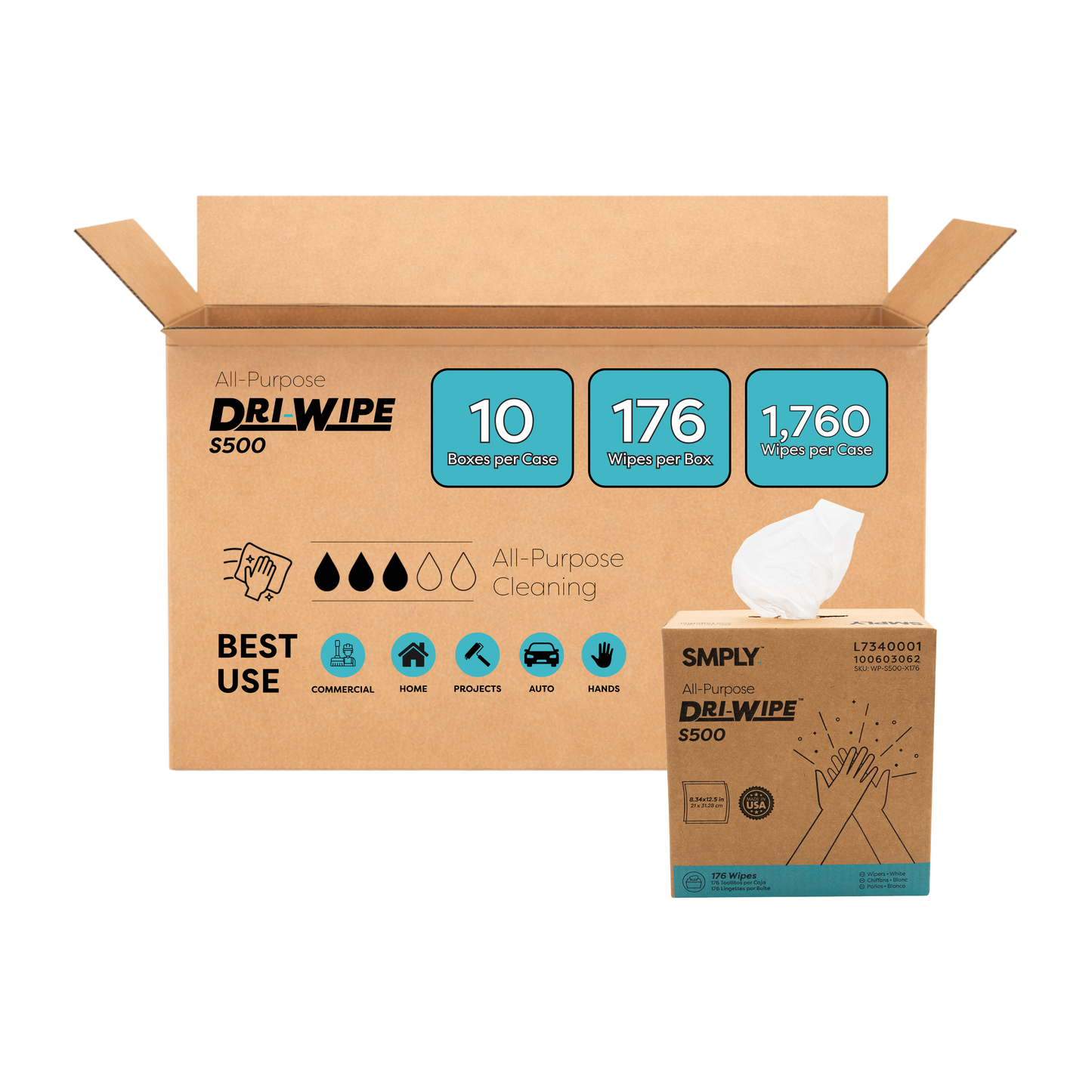 Dri-Wipe S500 Center-Pull Box by SMPLY Brands – Disposable Cleaning Wipes, Strong Alternative to Shop Towels & Paper Towels (176 Count, 10-Box Case)