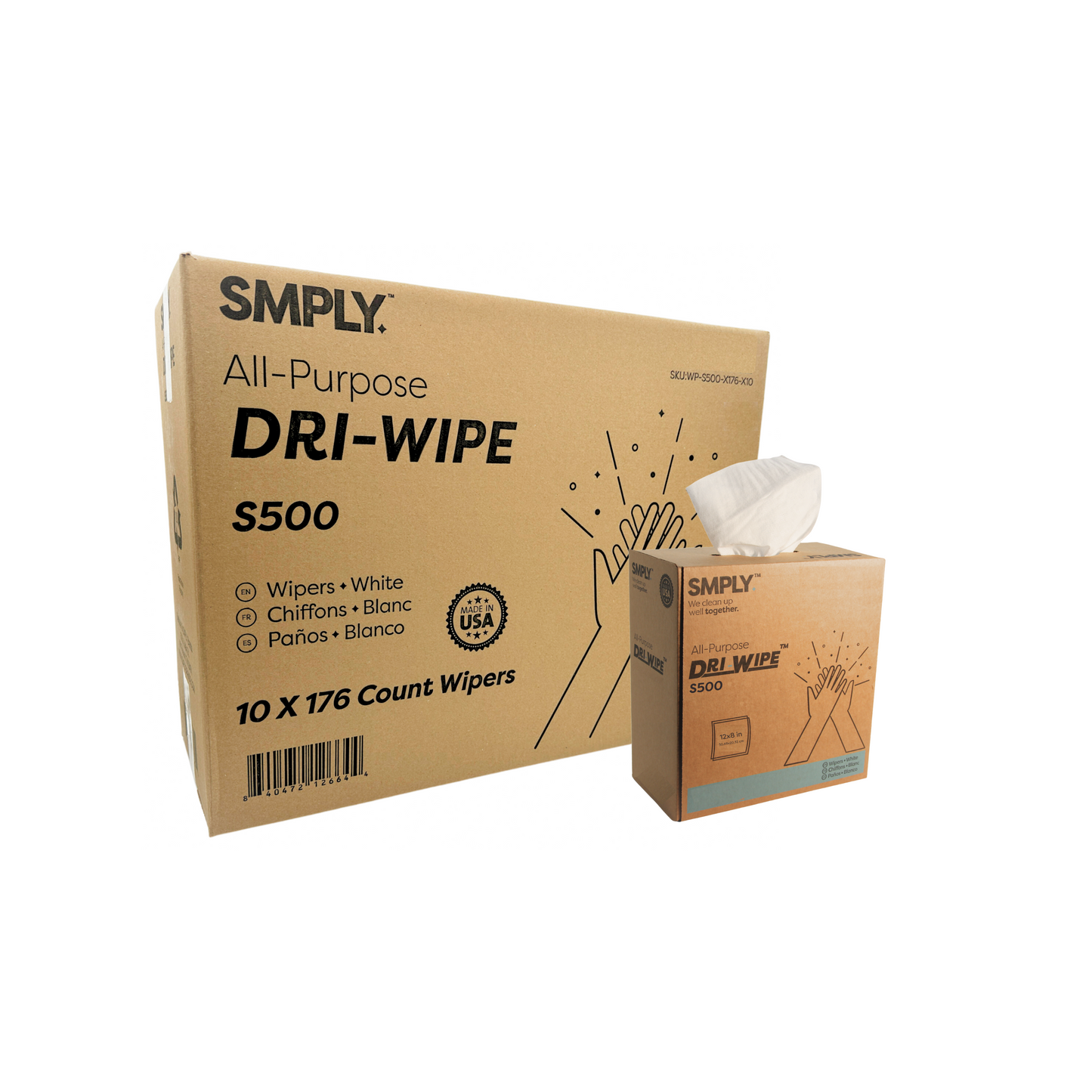 Dri-Wipe S500 Center-Pull Box by SMPLY Brands – Disposable Cleaning Wipes, Strong Alternative to Shop Towels & Paper Towels (176 Count, 10-Box Case)