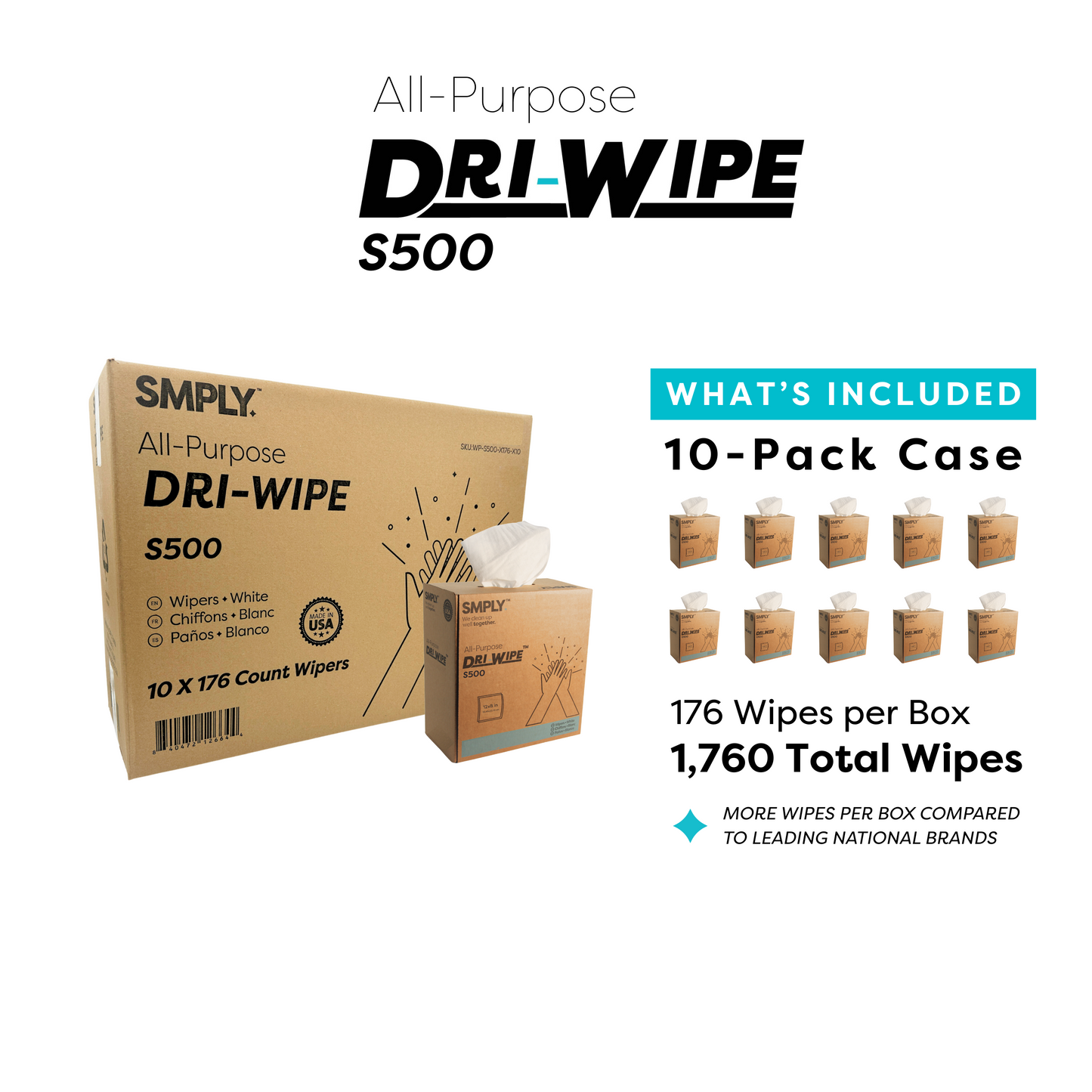 Dri-Wipe S500 Center-Pull Box by SMPLY Brands – Disposable Cleaning Wipes, Strong Alternative to Shop Towels & Paper Towels (176 Count, 10-Box Case)