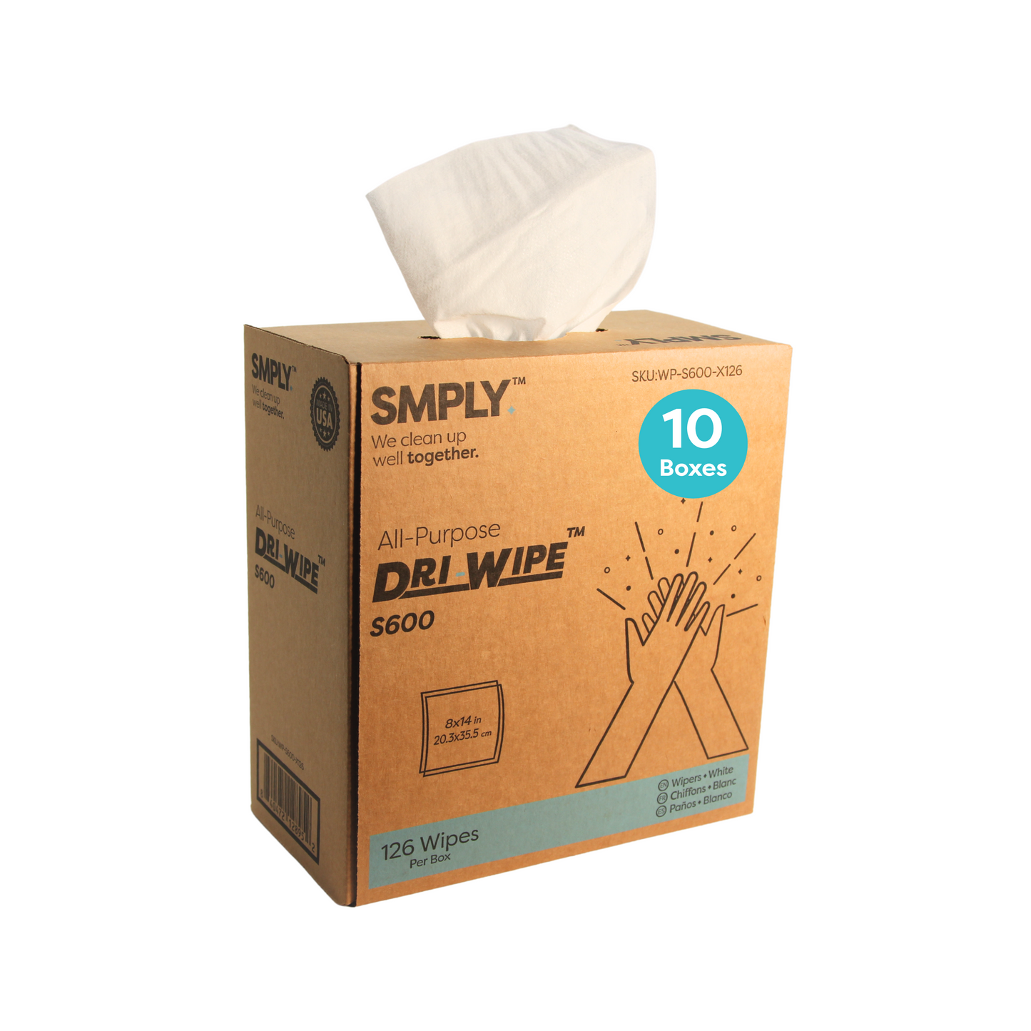 Dri-Wipe S600 by SMPLY Brands – All-Purpose Disposable Wipes, 10 Boxes of 126 (1,260 Total), Strong Alternative to Shop Towels & Paper Towels, 8" x 14" Center-Pull Sheets