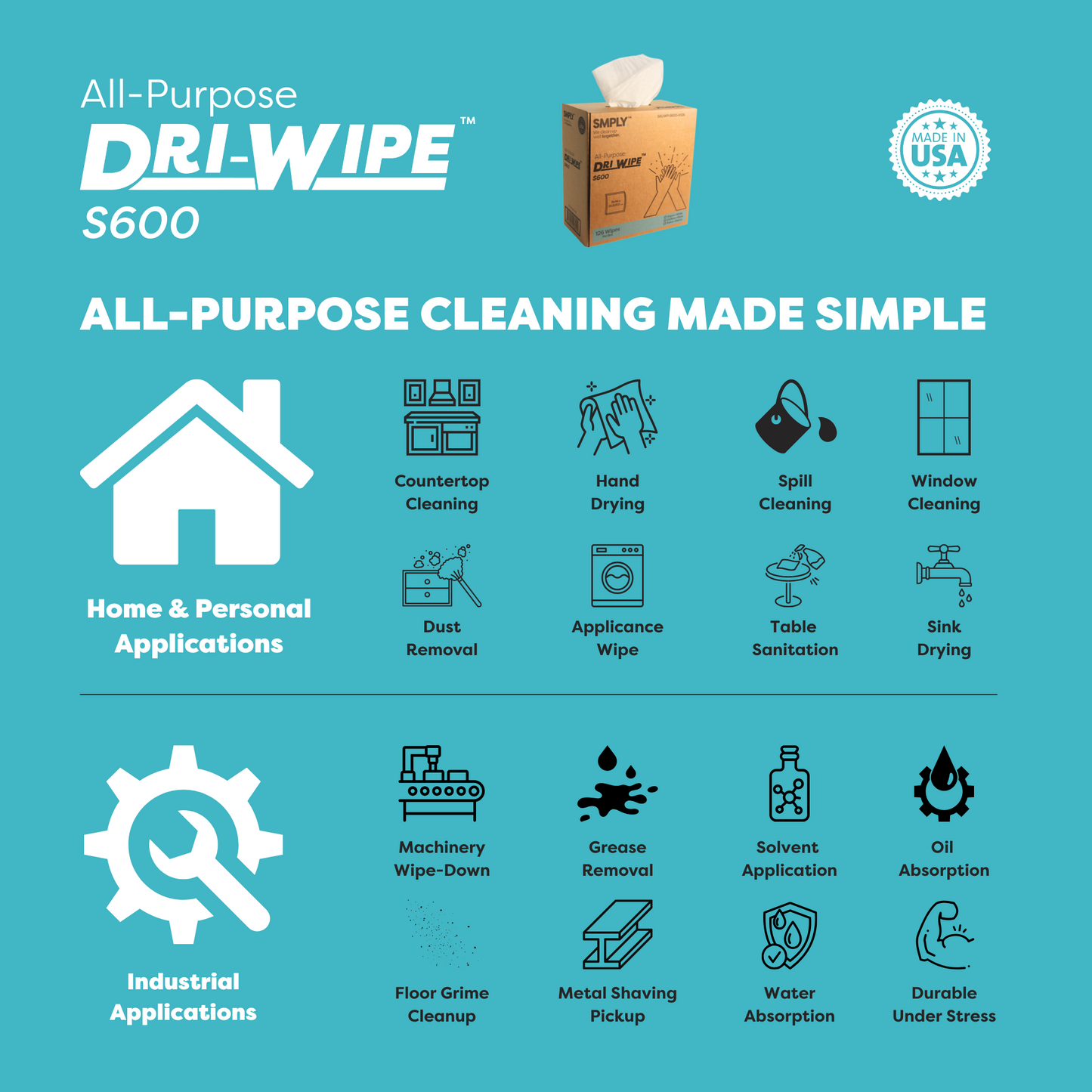 Dri-Wipe S600 by SMPLY Brands – All-Purpose Disposable Wipes, 10 Boxes of 126 (1,260 Total), Strong Alternative to Shop Towels & Paper Towels, 8" x 14" Center-Pull Sheets