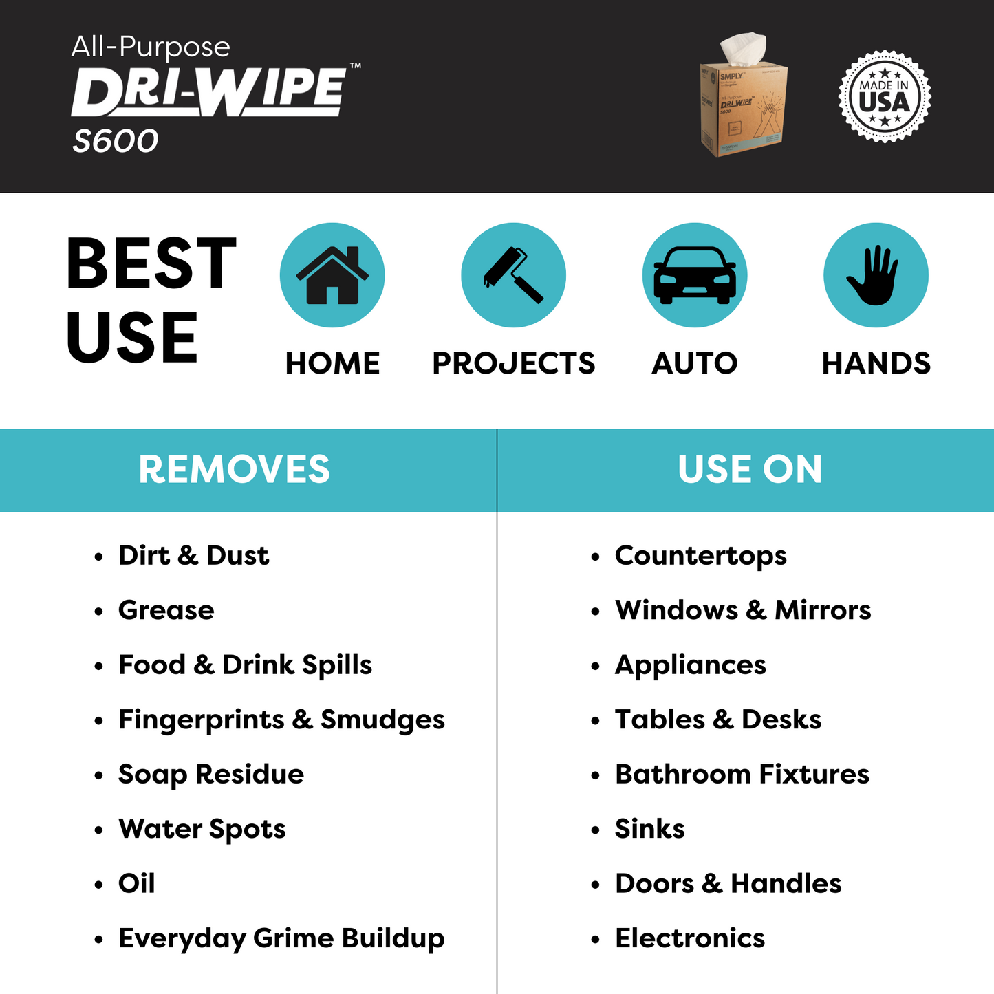 Dri-Wipe S600 by SMPLY Brands – All-Purpose Disposable Wipes, 10 Boxes of 126 (1,260 Total), Strong Alternative to Shop Towels & Paper Towels, 8" x 14" Center-Pull Sheets