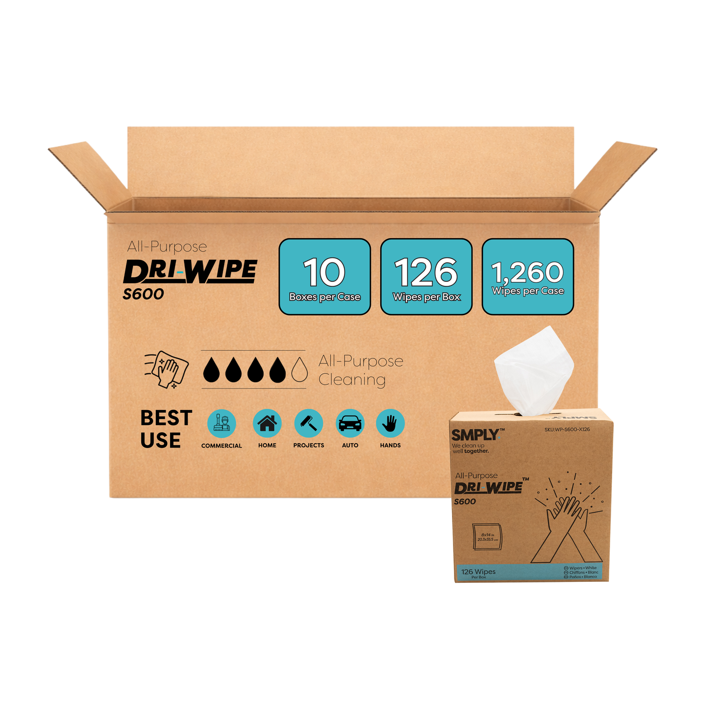 Dri-Wipe S600 by SMPLY Brands – All-Purpose Disposable Wipes, 10 Boxes of 126 (1,260 Total), Strong Alternative to Shop Towels & Paper Towels, 8" x 14" Center-Pull Sheets