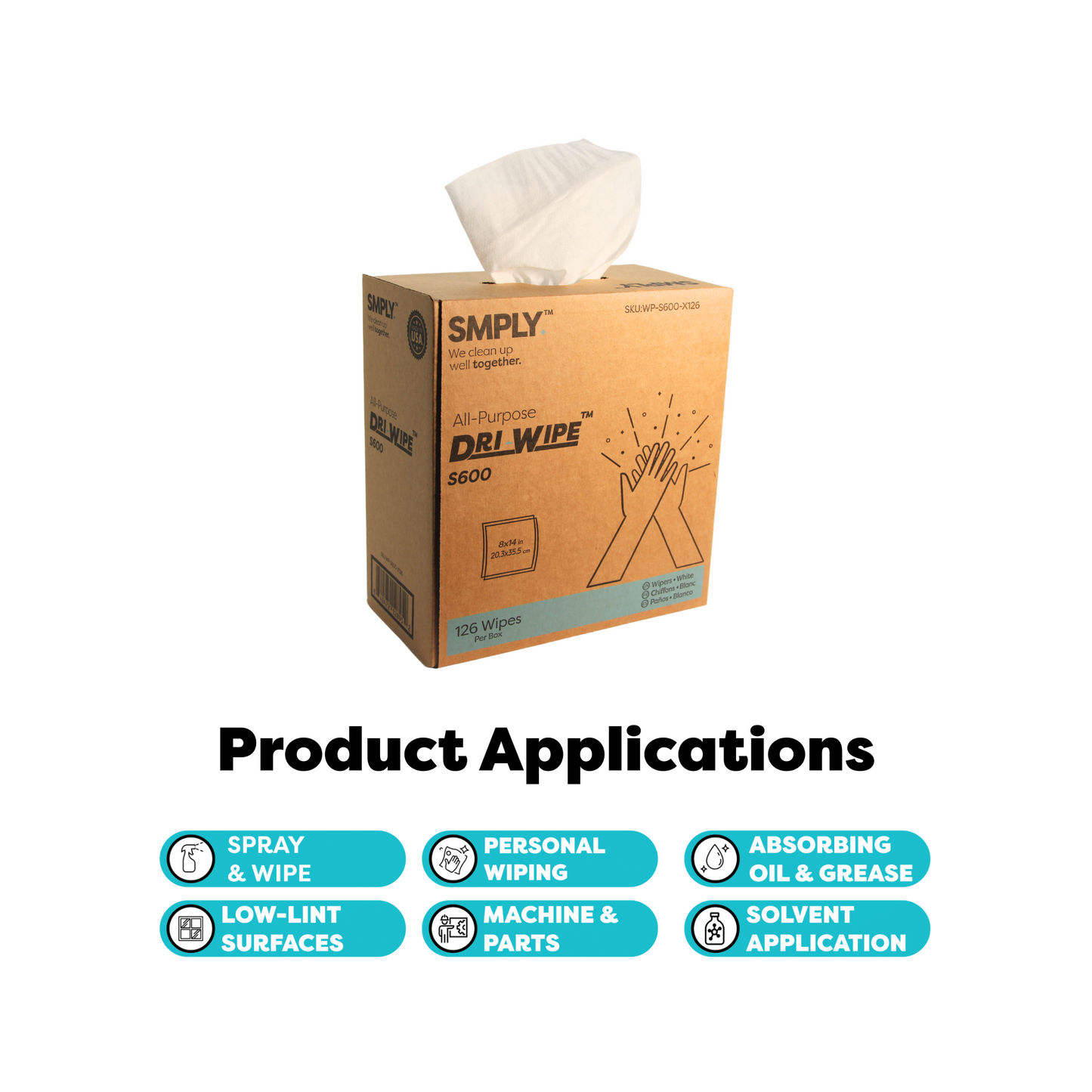 Dri-Wipe S600 by SMPLY Brands – All-Purpose Disposable Wipes, 10 Boxes of 126 (1,260 Total), Strong Alternative to Shop Towels & Paper Towels, 8" x 14" Center-Pull Sheets