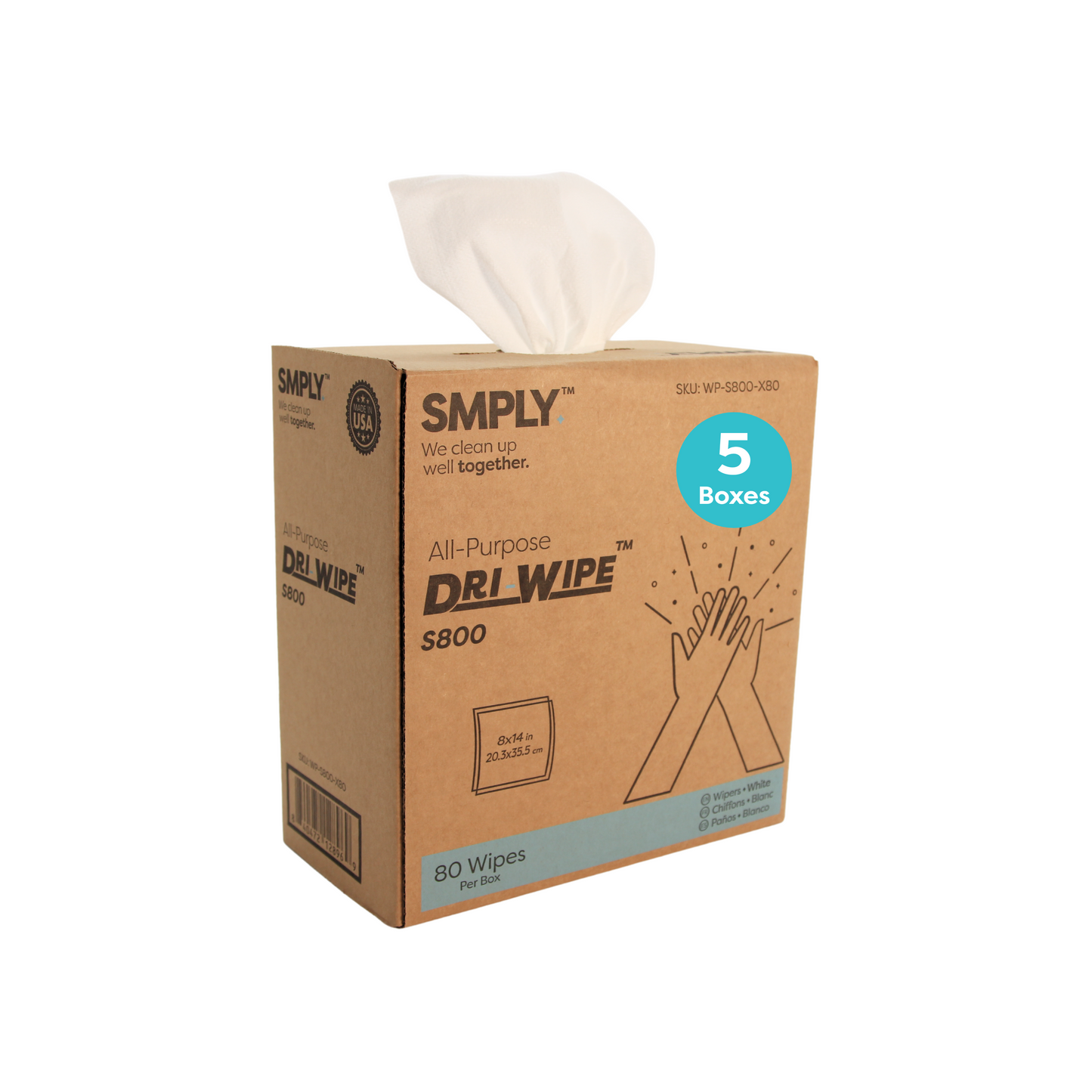 Dri-Wipe S800 by SMPLY Brands – 80 Count, 5-Box Case Heavy-Duty Wipes, 8" x 14" – Strong Alternative to Paper Towels, Shop Towels, Rags, Microfiber Cleaning Cloths, and Magic Cleaning Cloths