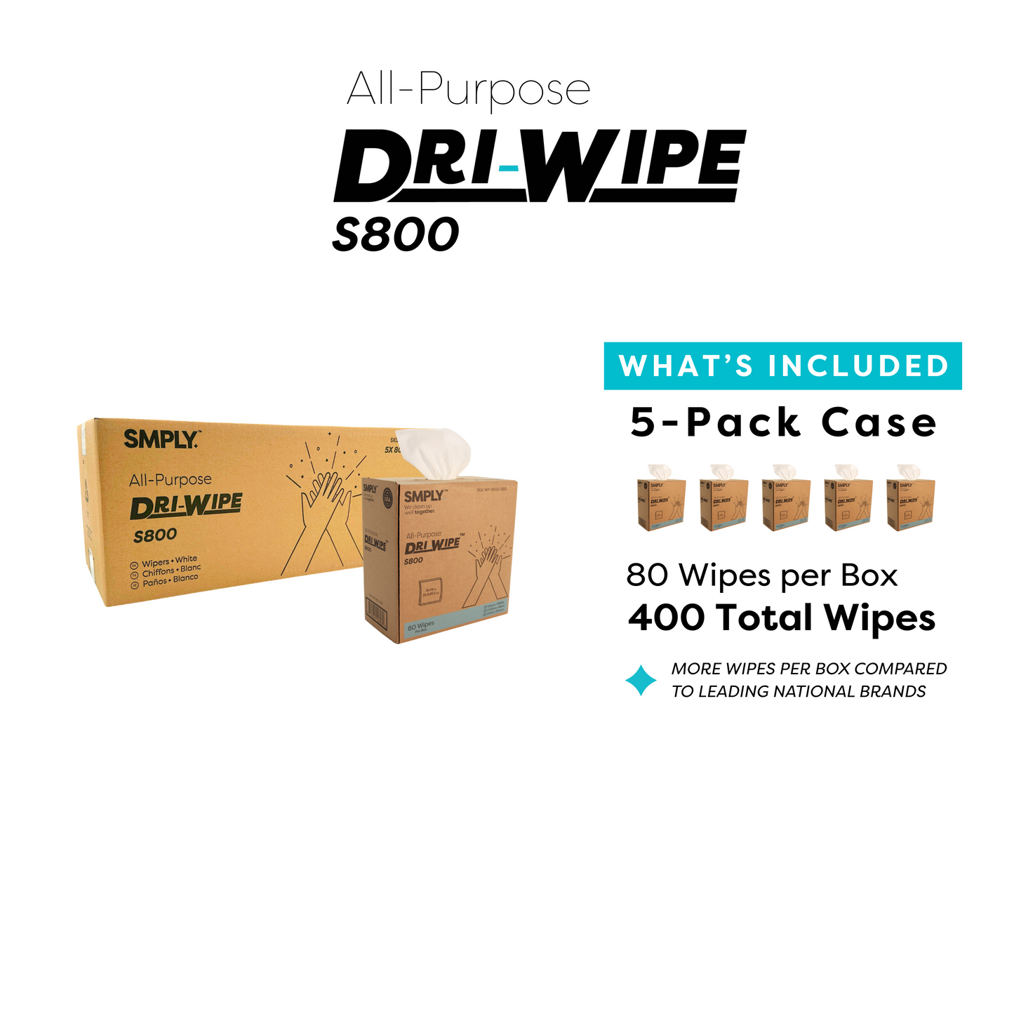 Dri-Wipe S800 by SMPLY Brands – 80 Count, 5-Box Case Heavy-Duty Wipes, 8" x 14" – Strong Alternative to Paper Towels, Shop Towels, Rags, Microfiber Cleaning Cloths, and Magic Cleaning Cloths