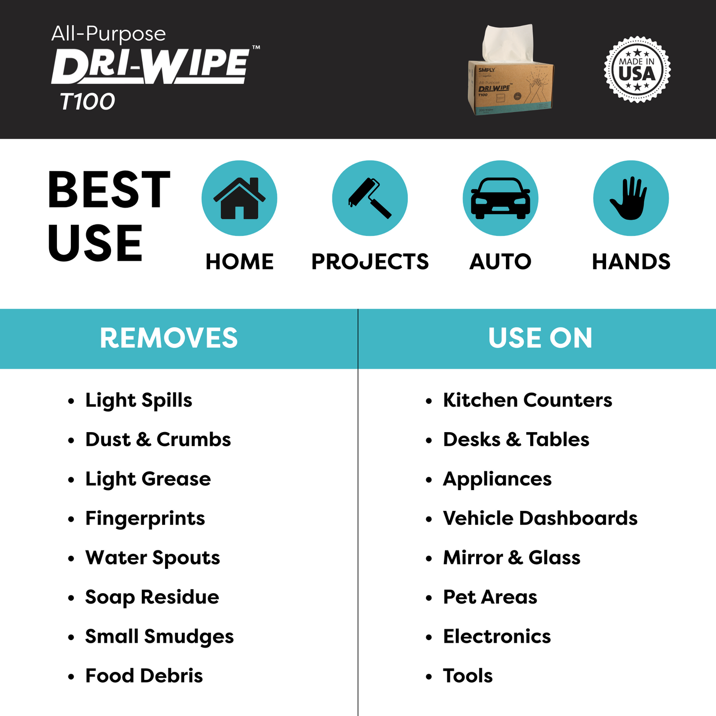 Dri-Wipe™ T100 All-Purpose Center-Pull Wipes – 24 Boxes of 200 (4,800 Total) – Disposable Cleaning Wipes, a Smarter Alternative to Paper Towels for Janitorial, Retail & Foodservice Use