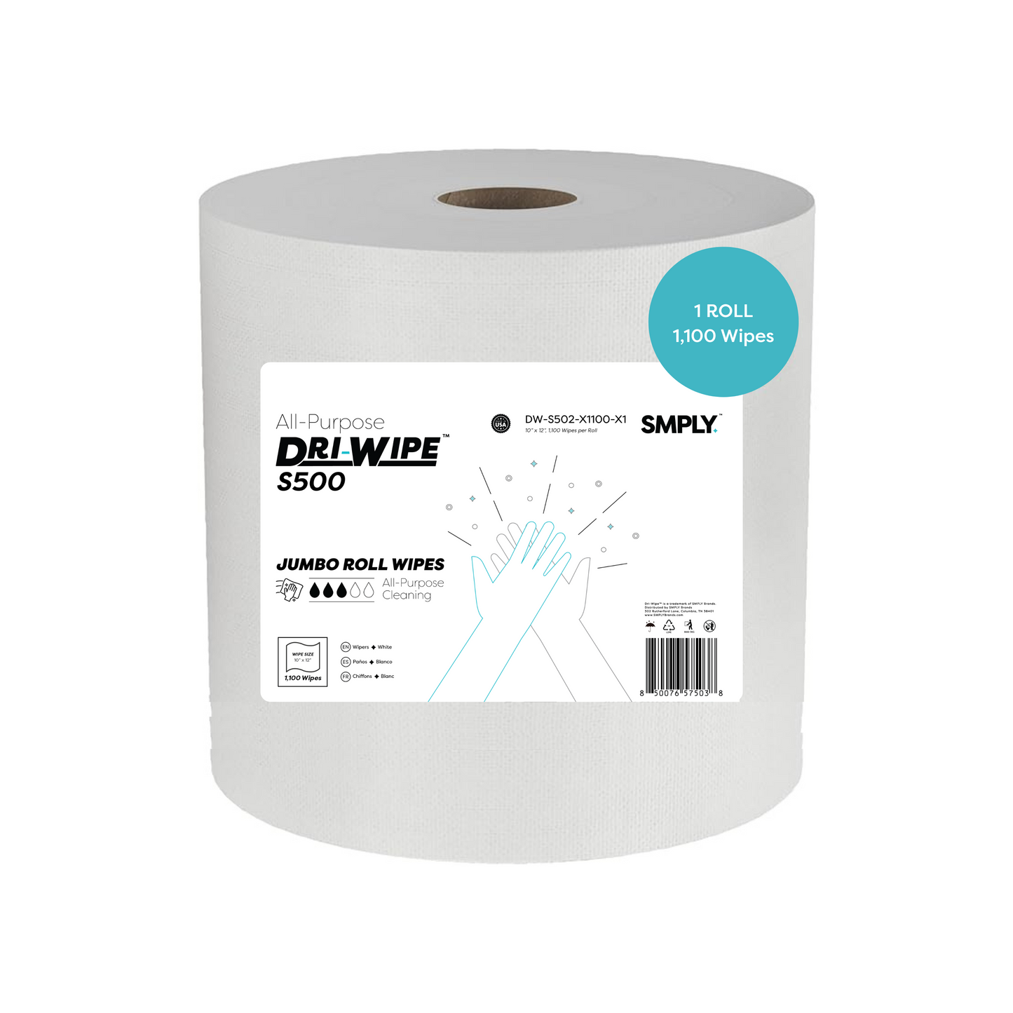 Dri-Wipe S500 Jumbo Roll by SMPLY Brands – All-Purpose Disposable Wipes, 1,100 Wipes, Strong Alternative to Shop Towels & Paper Towels, 10" x 12"