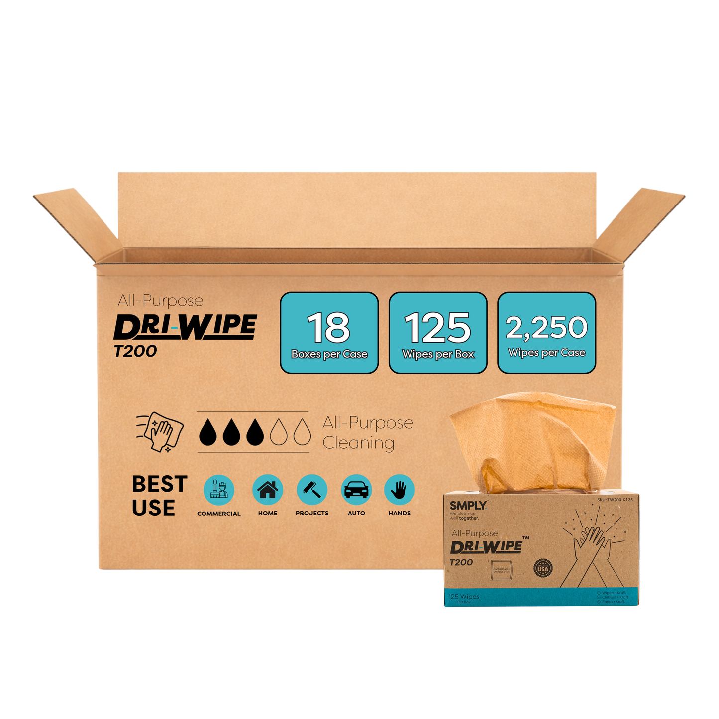 Dri-Wipe T200 by SMPLY Brands – Two-Ply Center-Pull Kraft Wipes, 18 Boxes of 125 (2,250 Total) – All-Purpose Disposable Wipes for Retail, Food Prep, Window Cleaning, and Light Spills