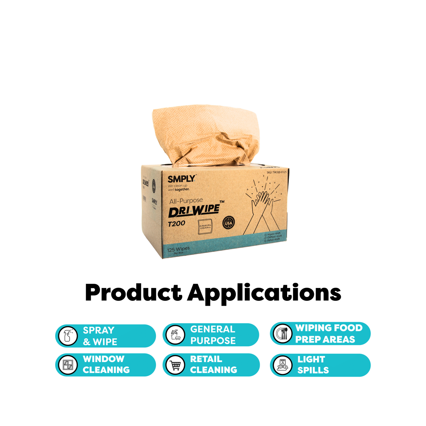 Dri-Wipe™ T200 by SMPLY Brands – Two-Ply Center-Pull Kraft Wipes, 125-Count – All-Purpose Disposable Wipes for Retail, Food Prep, Window Cleaning, and Light Spills